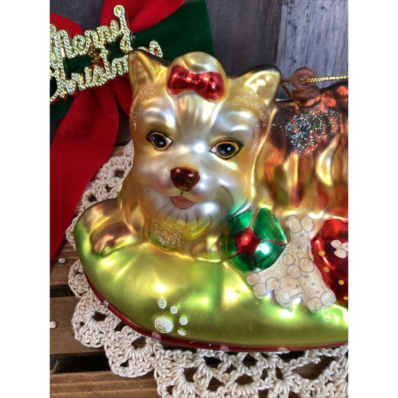 Charming Yorkie Hand Blown Glass Christmas Tree Ornament + I Love My Dog Bone - Picture 3 of 13